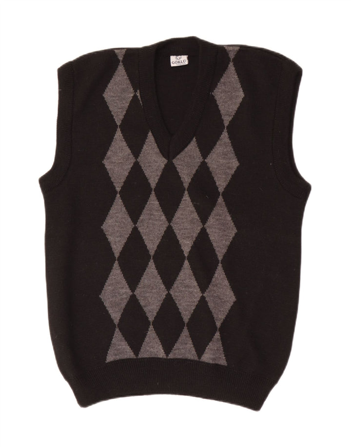 Vintage Mens Vest Tank Top Small Black Argyle/Diamond