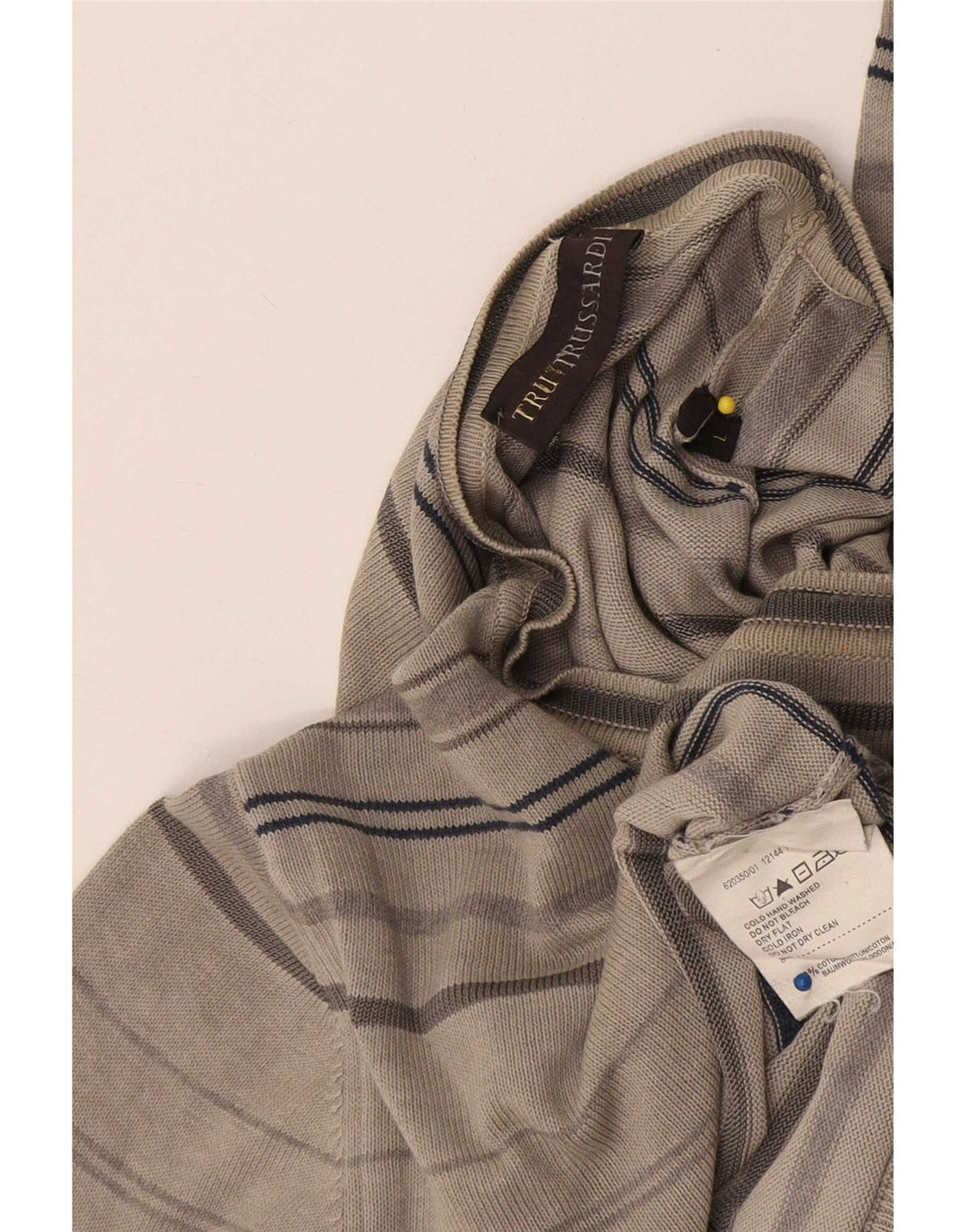 Trussardi Mens Crew Neck Jumper Sweater Large Grey Striped Cotton