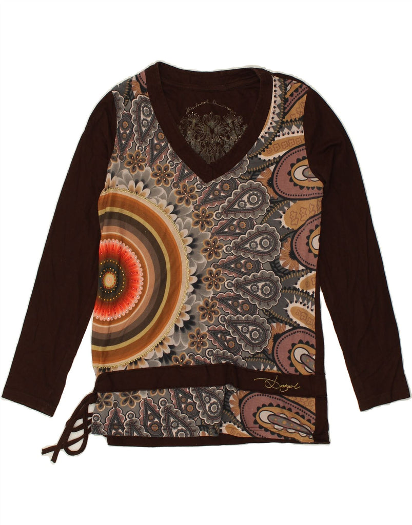 DESIGUAL Womens Graphic Top Long Sleeve UK 14 Large Brown Floral Cotton | Vintage Desigual | Thrift | Second-Hand Desigual | Used Clothing | Messina Hembry 