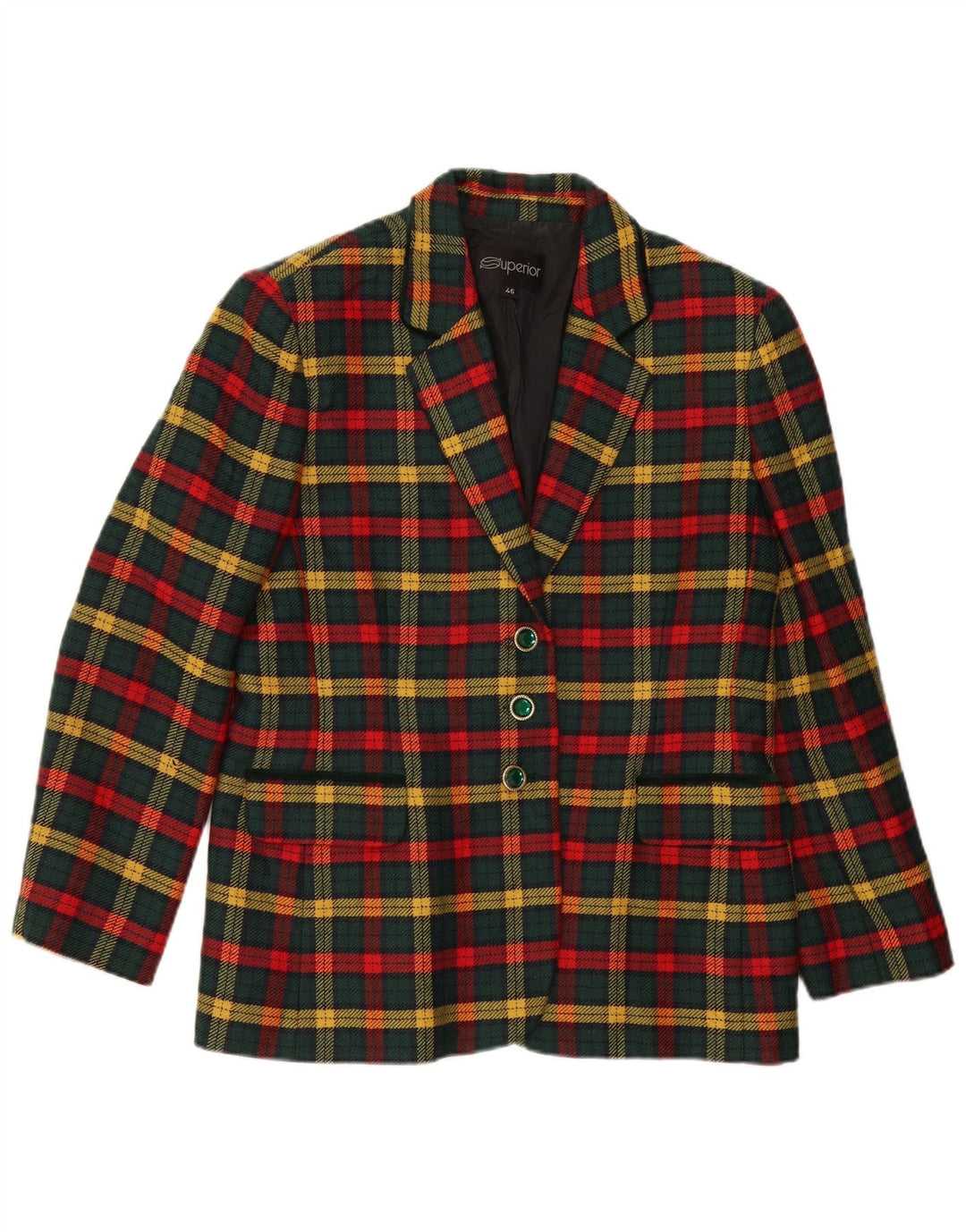 Superior Womens 3 Button Blazer Jacket IT 46 Large Green Check Virgin Wool