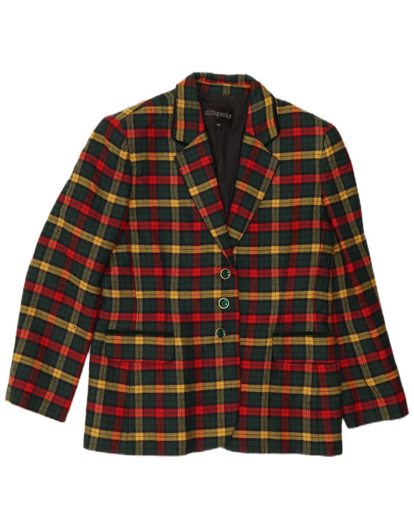 Superior Womens 3 Button Blazer Jacket IT 46 Large Green Check Virgin Wool