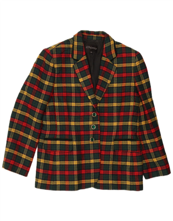 Superior Womens 3 Button Blazer Jacket IT 46 Large Green Check Virgin Wool