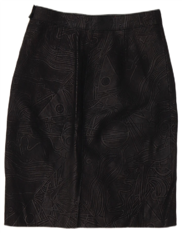 Vintage Womens Leather Skirt W26 Small  Black Geometric