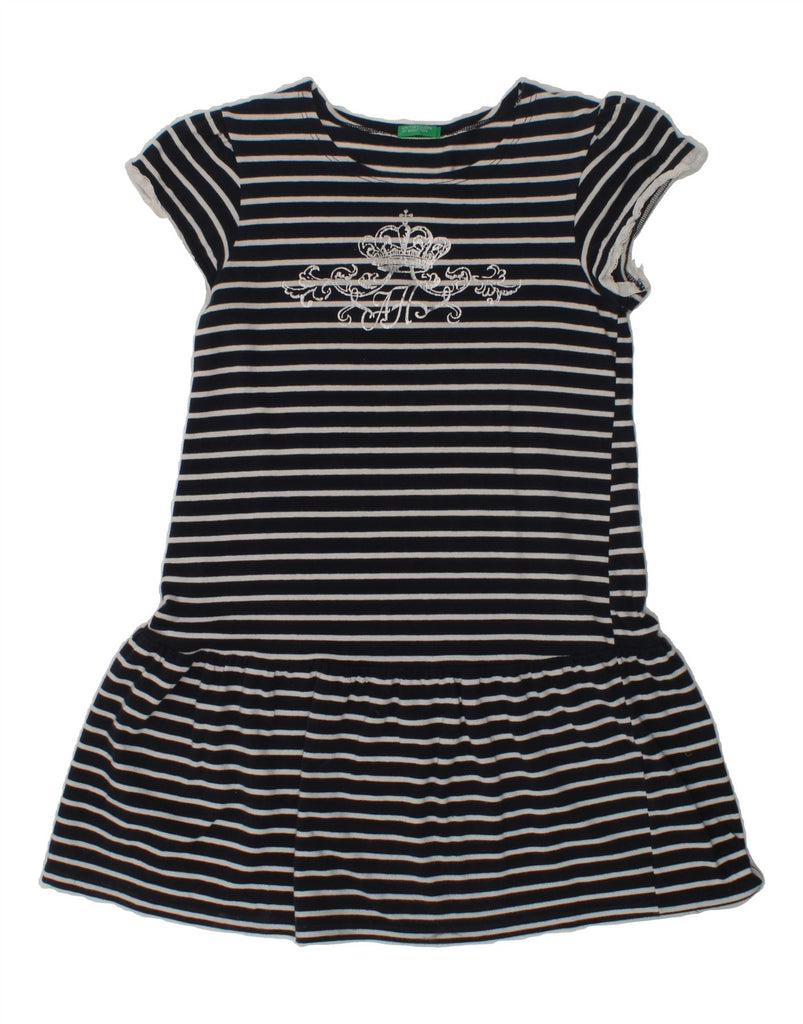 BENETTON Girls Graphic T-Shirt Dress 8-9 Years Large  Navy Blue Striped | Vintage Benetton | Thrift | Second-Hand Benetton | Used Clothing | Messina Hembry 