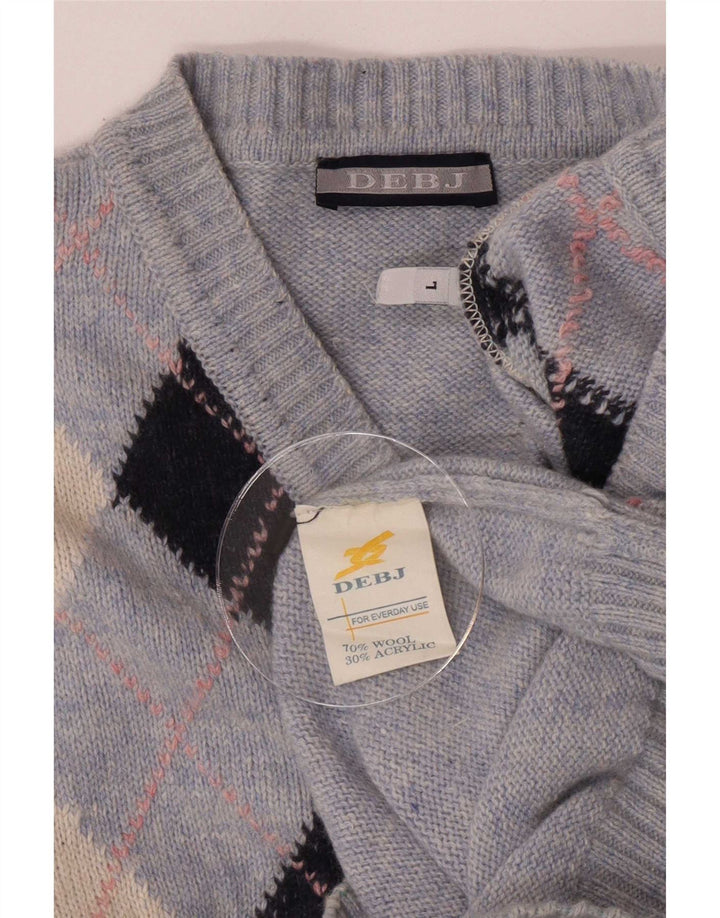 Vintage Mens V-Neck Jumper Sweater Large Blue Argyle/Diamond Wool