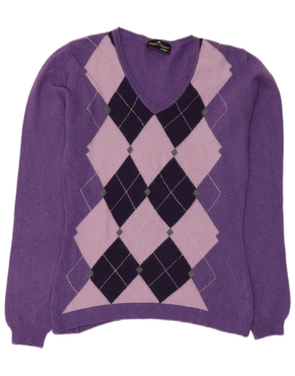 Vintage Womens V-Neck Jumper Sweater UK 12 Medium Purple Argyle/Diamond