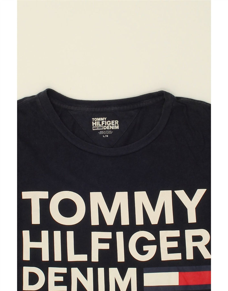 TOMMY HILFIGER Mens Graphic T-Shirt Top Large Navy Blue Cotton | Vintage Tommy Hilfiger | Thrift | Second-Hand Tommy Hilfiger | Used Clothing | Messina Hembry 