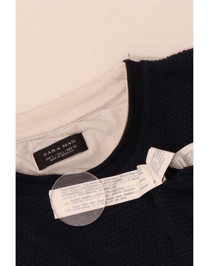 Zara Mens Crew Neck Jumper Sweater Large Navy Blue Polyester