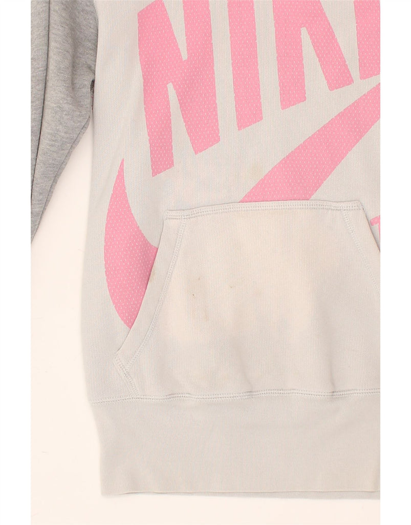 NIKE Womens Graphic Hoodie Jumper UK 6 XS Grey Colourblock Cotton | Vintage Nike | Thrift | Second-Hand Nike | Used Clothing | Messina Hembry 