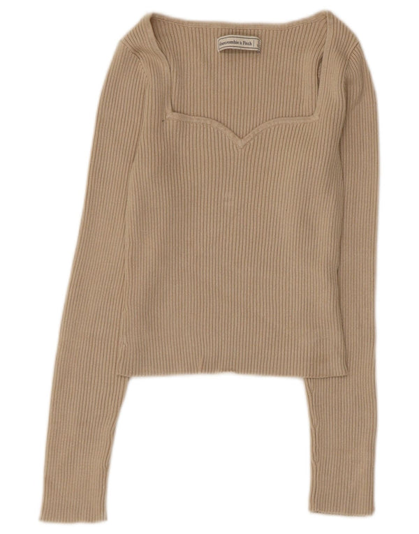 Abercrombie & Fitch Womens Crop V-Neck Jumper Sweater UK 8 Small Beige