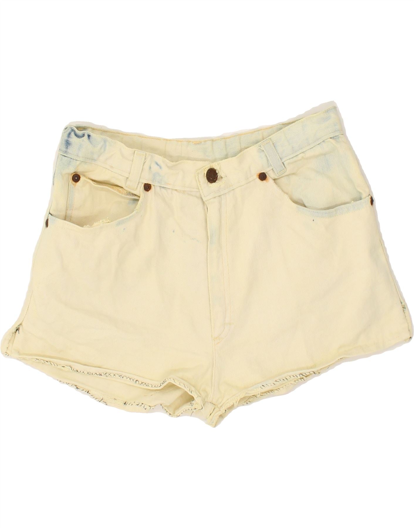 VINTAGE Womens Denim Shorts W28 Medium Yellow Tie Dye Vintage