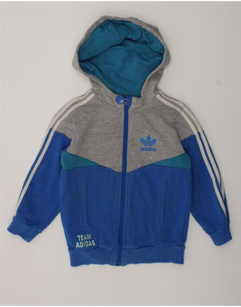 ADIDAS Boys Zip Hoodie Sweater 3-4 Years Blue Colourblock Cotton | Vintage Adidas | Thrift | Second-Hand Adidas | Used Clothing | Messina Hembry 