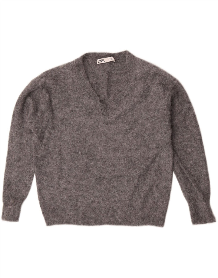 Zara Womens Oversized V-Neck Jumper Sweater UK 10 Small Grey Flecked