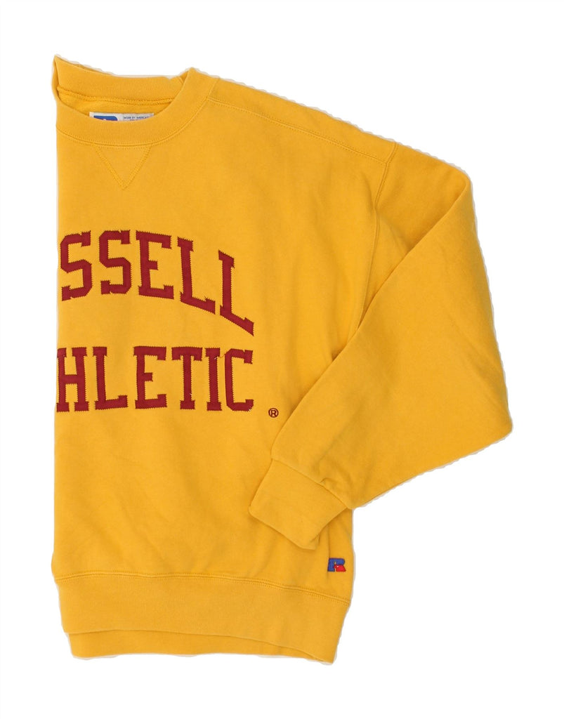 RUSSELL ATHLETIC Mens Graphic Sweatshirt Jumper Large Yellow Cotton | Vintage Russell Athletic | Thrift | Second-Hand Russell Athletic | Used Clothing | Messina Hembry 