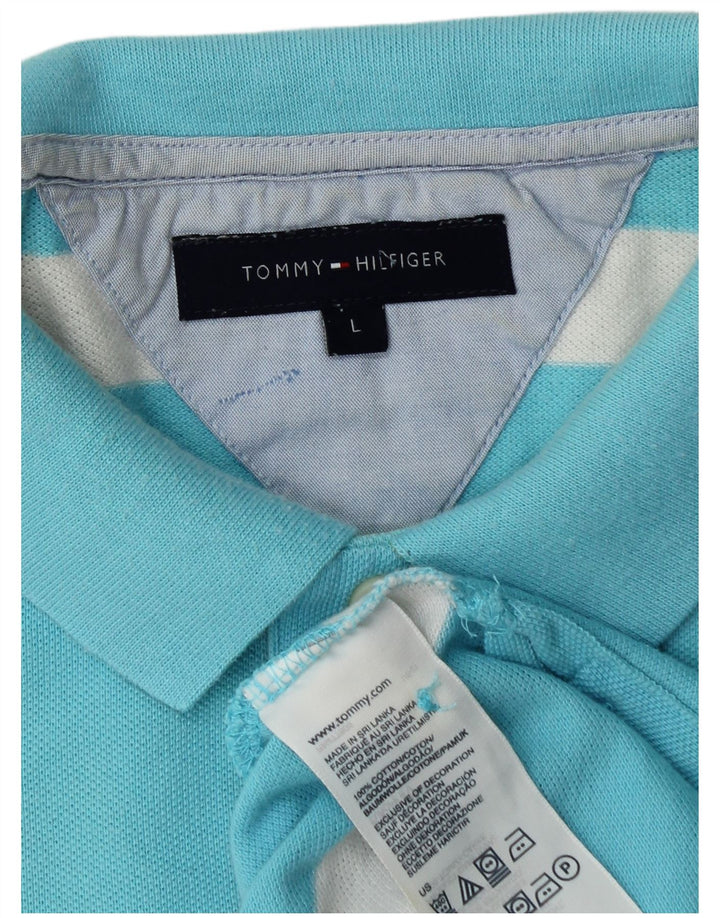 Tommy Hilfiger Mens Polo Shirt Large Blue Striped Cotton