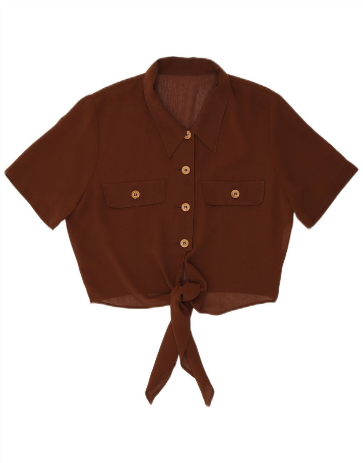Vintage Womens Crop Short Sleeve Shirt Blouse UK 14 Medium Brown Polyester