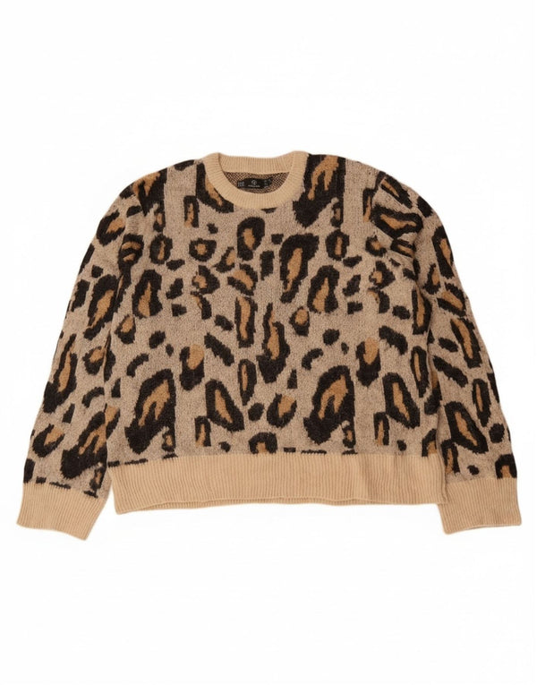 Volcom Womens Crew Neck Jumper Sweater UK 16 Large Beige Animal Print