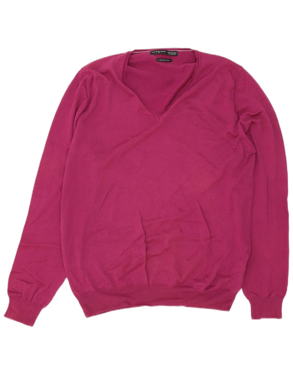 Zara Mens V-Neck Jumper Sweater Large Purple Cotton