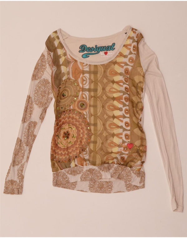 Desigual Womens Graphic Top Long Sleeve UK 8 Small Beige Paisley Viscose