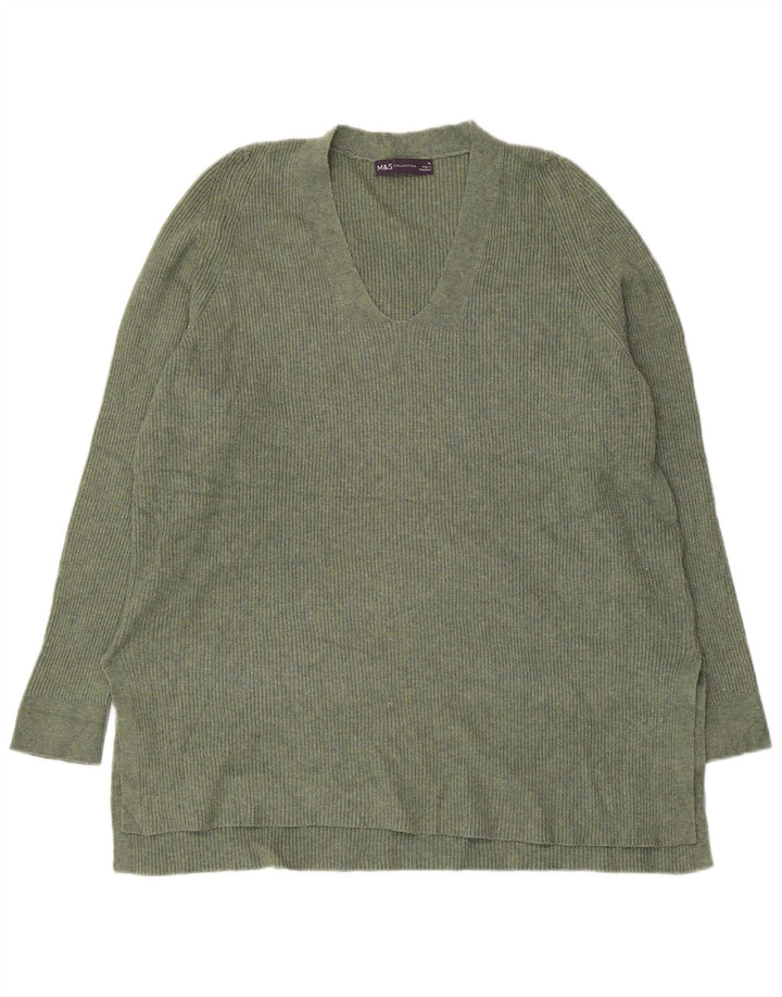 MARKS & SPENCER Womens V-Neck Jumper Sweater UK 16 Large Green Polyester