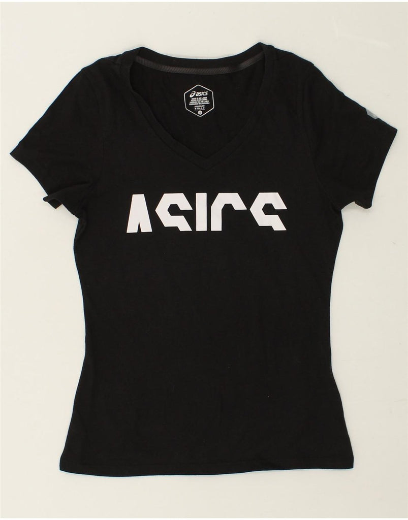 ASICS Womens Graphic T-Shirt Top UK 8 Small Black Cotton | Vintage Asics | Thrift | Second-Hand Asics | Used Clothing | Messina Hembry 