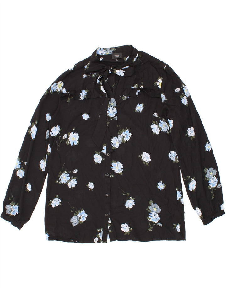 MOSSIMO Womens Front Tie Shirt Blouse UK 16 Large Black Floral Polyester Vintage Mossimo and Second-Hand Mossimo from Messina Hembry 