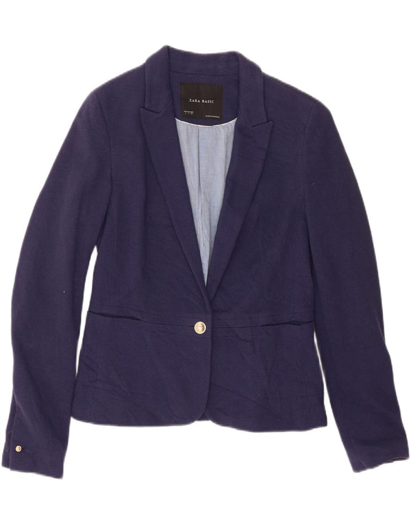 Zara Womens Crop 1 Button Blazer Jacket UK 16 Large Navy Blue Cotton
