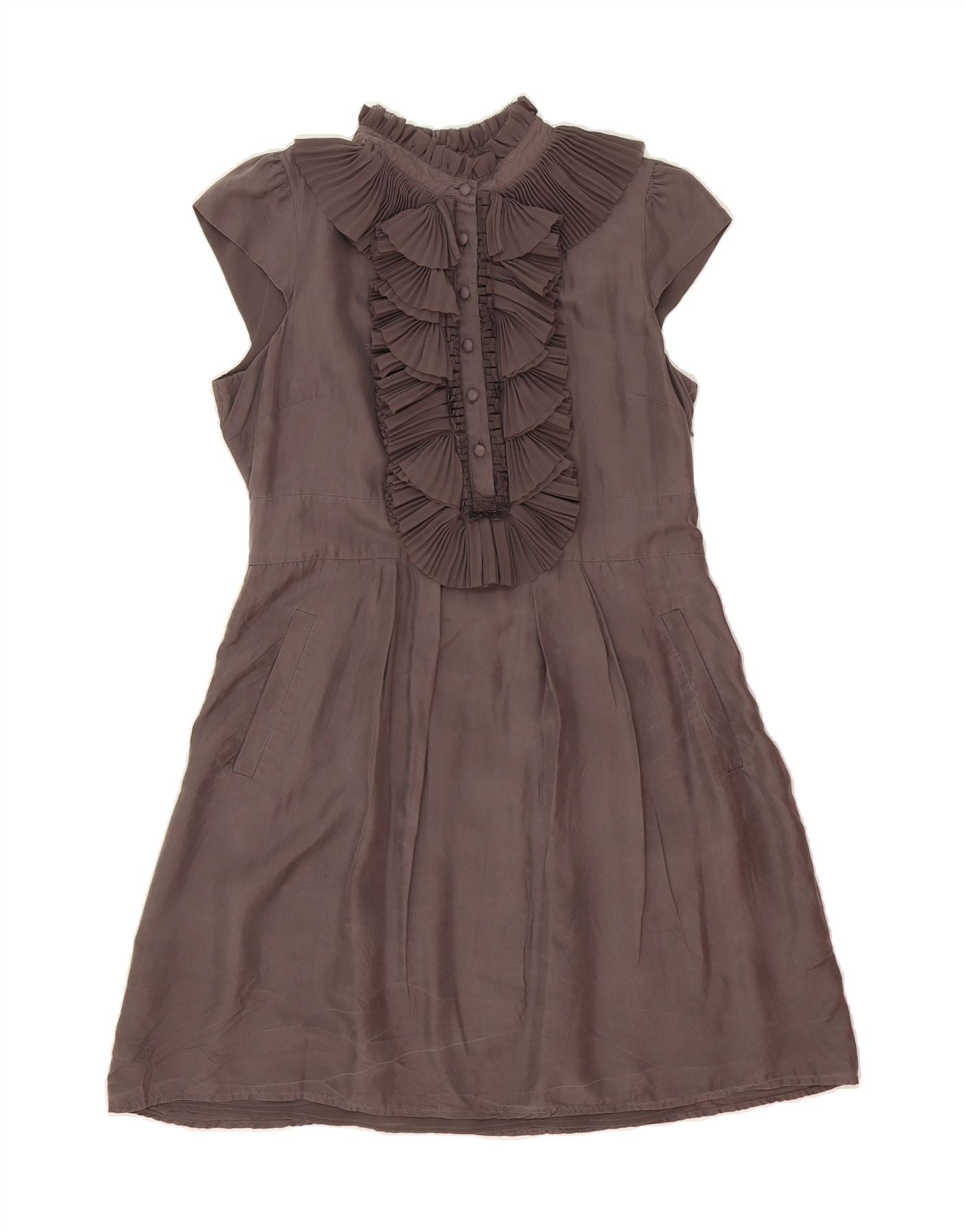 TED BAKER Womens Ruffle Front A-Line Dress Size Large Brown Silk
