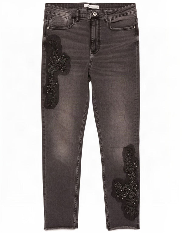 Zara Womens High Waist Cropped Jeans EU 40 Medium W30 L24 Grey Floral