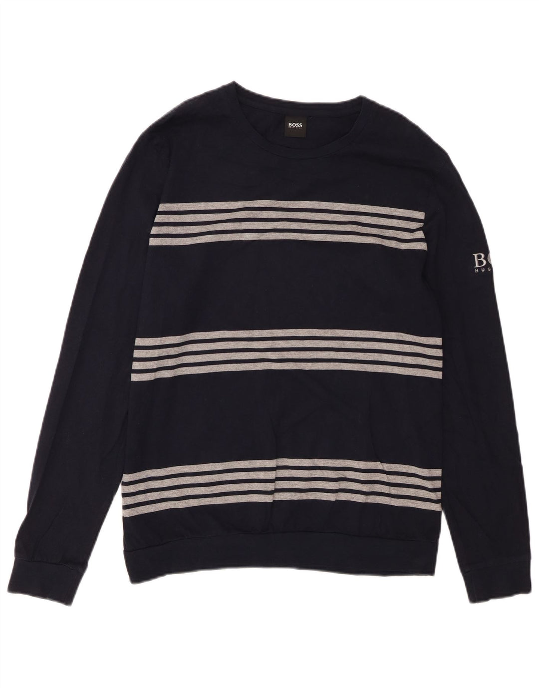 HUGO BOSS Mens Top Long Sleeve Medium Navy Blue Striped Cotton