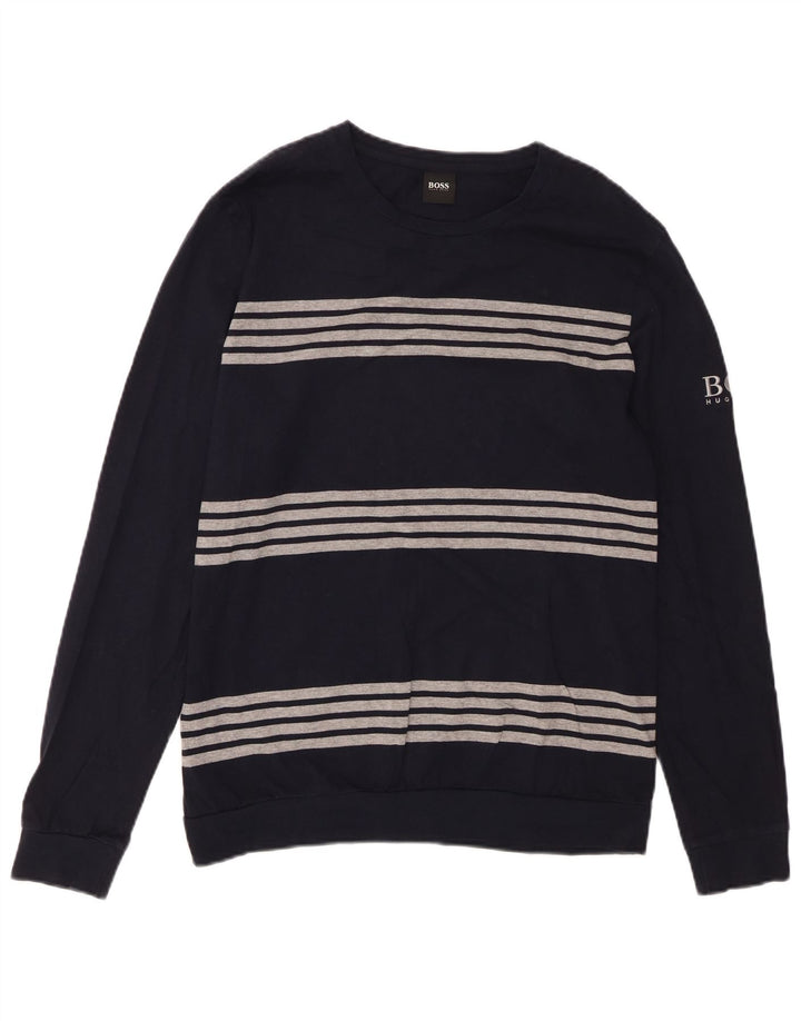 HUGO BOSS Mens Top Long Sleeve Medium Navy Blue Striped Cotton