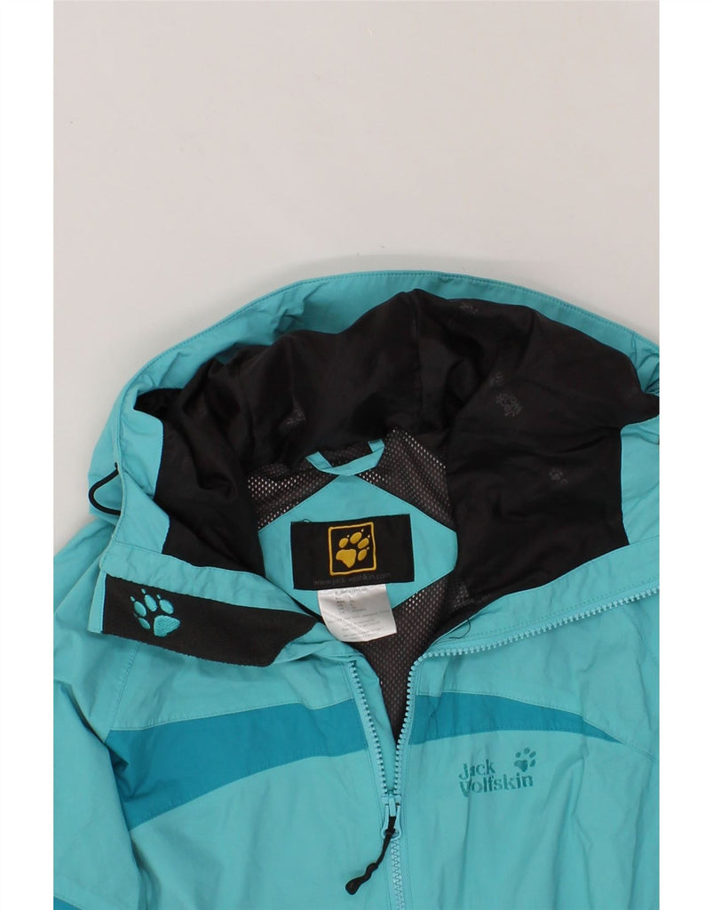 JACK WOLFSKIN Womens Hooded Rain Jacket UK 16 Large Blue Colourblock Vintage Jack Wolfskin and Second-Hand Jack Wolfskin from Messina Hembry 