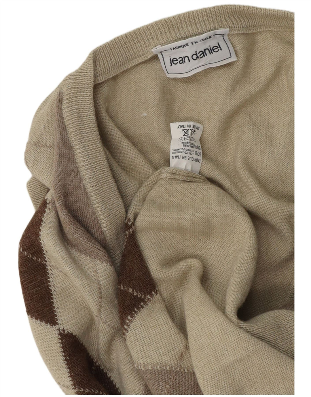 Vintage Mens Vest Tank Top Large Beige Argyle/Diamond Acrylic