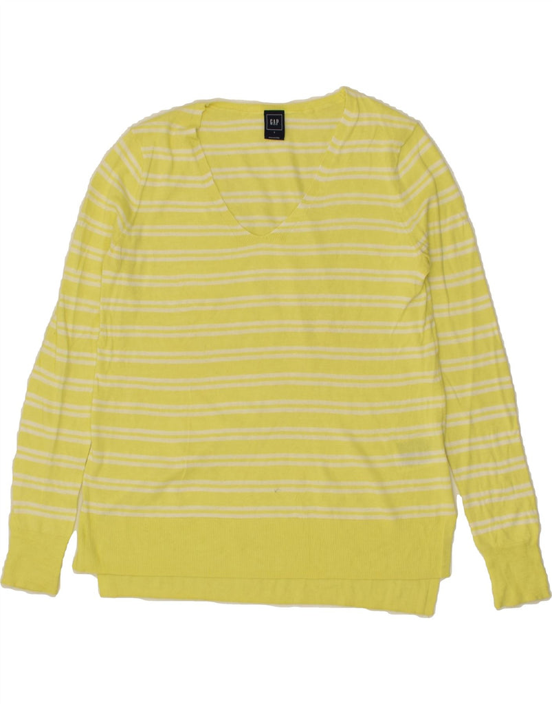 GAP Womens V-Neck Jumper Sweater UK 10 Small Yellow Striped Cotton | Vintage Gap | Thrift | Second-Hand Gap | Used Clothing | Messina Hembry 