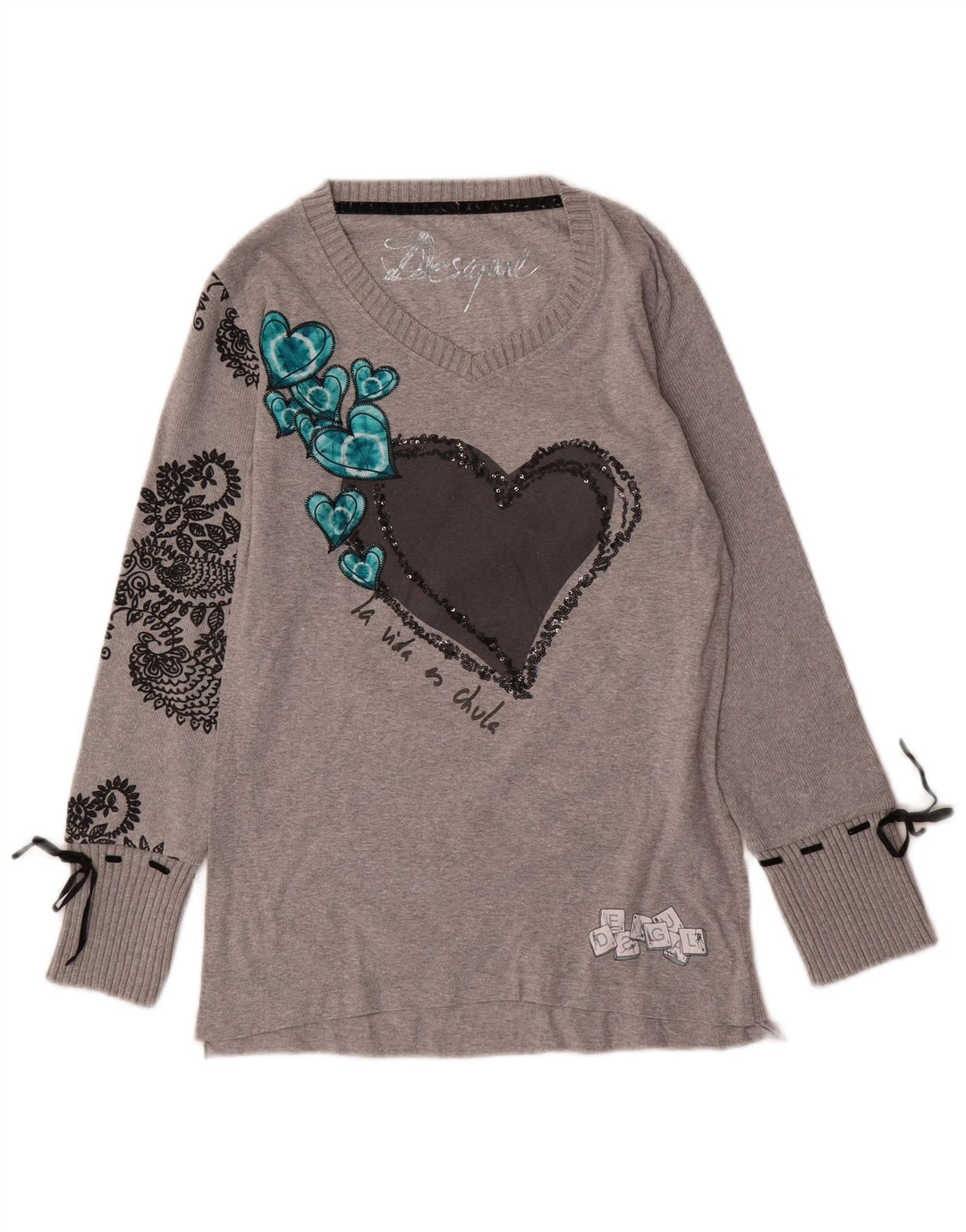 DESIGUAL Womens Graphic Top Long Sleeve UK 14 Large Grey Paisley Heart
