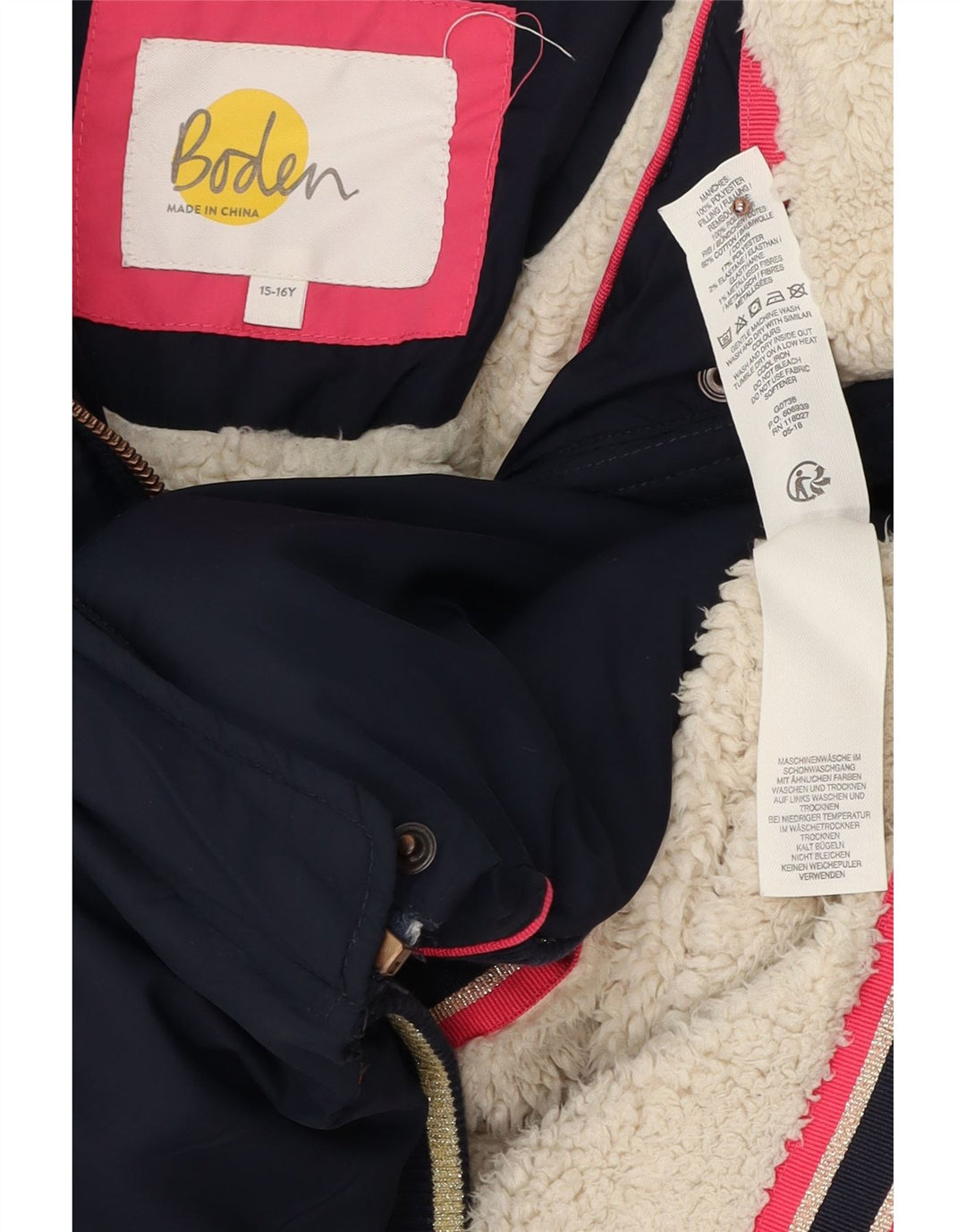 BODEN Girls Sherpa Padded Jacket 15-16 Years Navy Blue Polyester