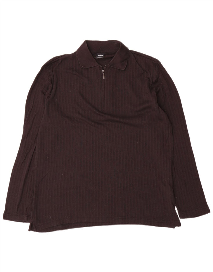 Hugo Boss Mens Long Sleeve Polo Shirt Medium Brown Striped Cotton