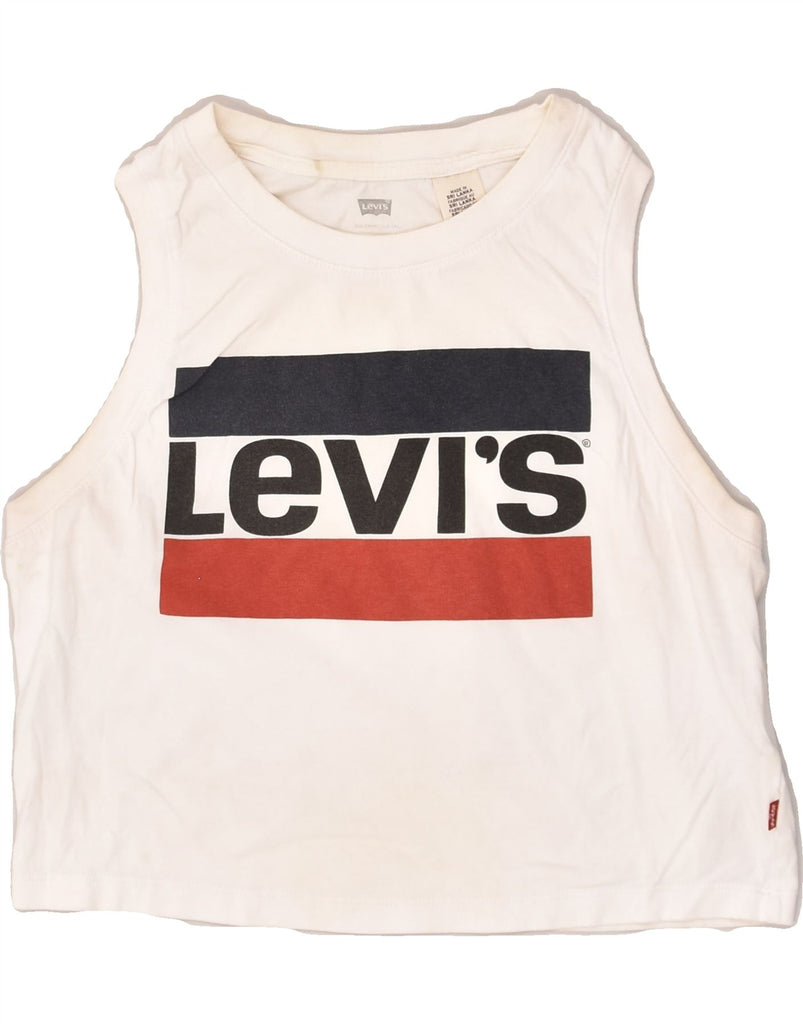 LEVI'S Womens Crop Graphic Vest Top UK 6 XS Off White Cotton | Vintage Levi's | Thrift | Second-Hand Levi's | Used Clothing | Messina Hembry 