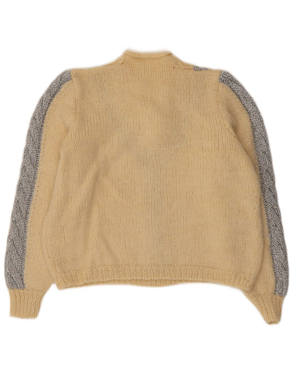 Vintage Womens Crop V-Neck Jumper Sweater UK 14 Large Beige Colourblock