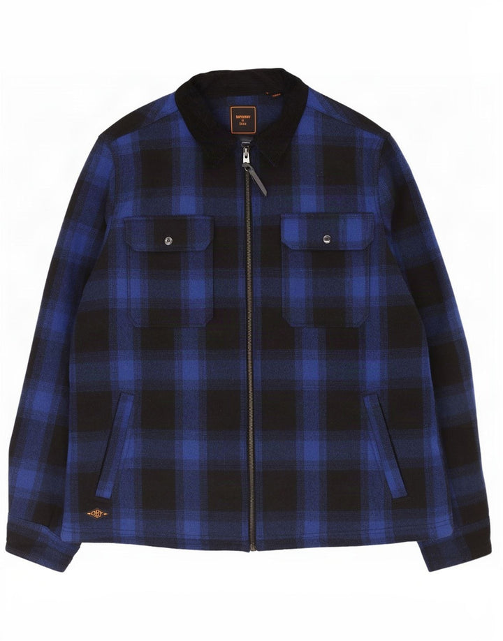 Superdry Mens Shacket Jacket UK 44 2XL Navy Blue Check Wool