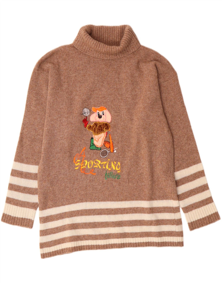 Vintage Womens Longline Roll Neck Jumper Sweater UK 14 Medium Brown Striped