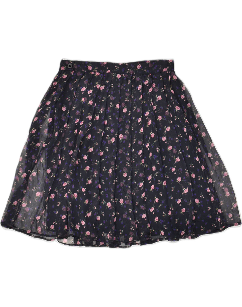 EASY Womens Pleated Skirt UK14 Medium W28  Navy Blue Floral Silk | Vintage Easy | Thrift | Second-Hand Easy | Used Clothing | Messina Hembry 