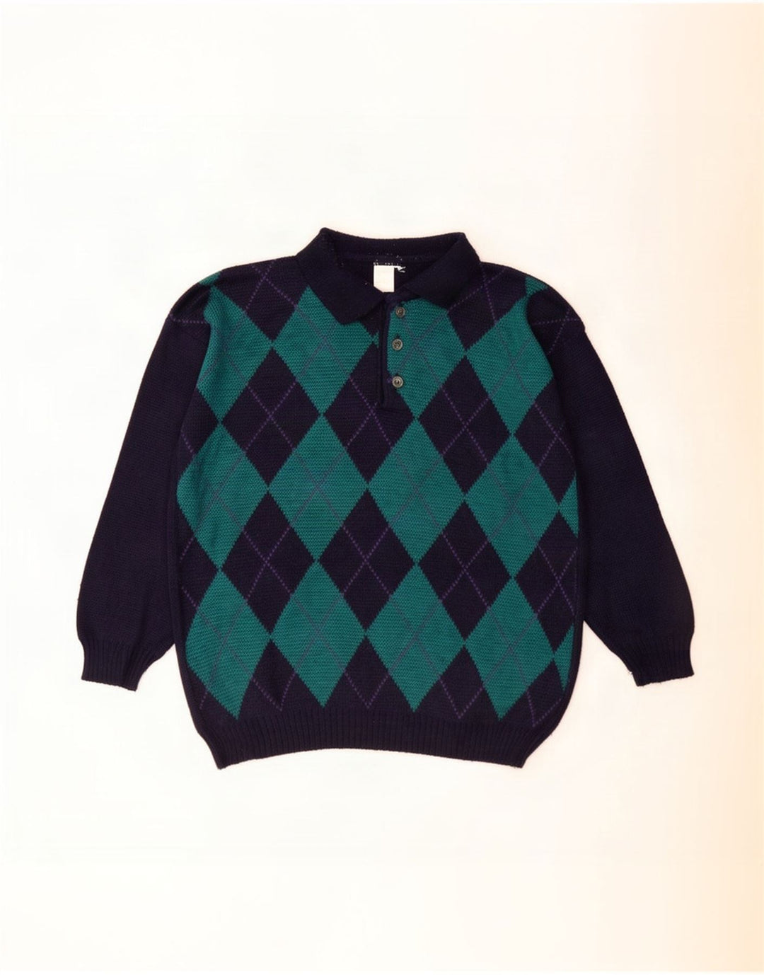 Vintage Mens Polo Neck Jumper Sweater Large Navy Blue Argyle/Diamond