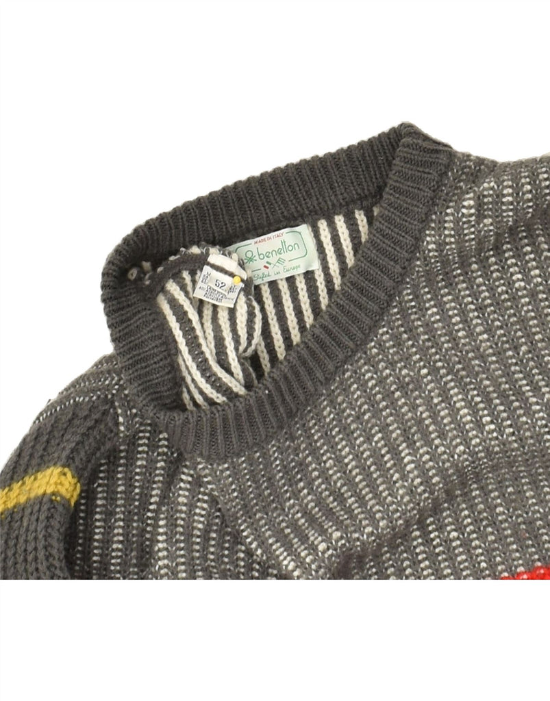 BENETTON Mens Crew Neck Jumper Sweater IT 52 Large Grey Striped Wool | Vintage Benetton | Thrift | Second-Hand Benetton | Used Clothing | Messina Hembry 