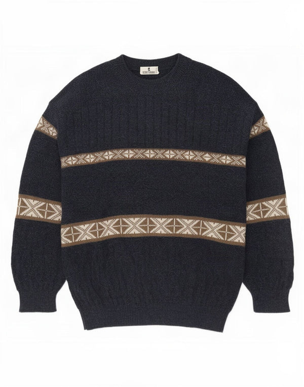 Vintage Mens Turtle Neck Jumper Sweater Medium Navy Blue Fair Isle
