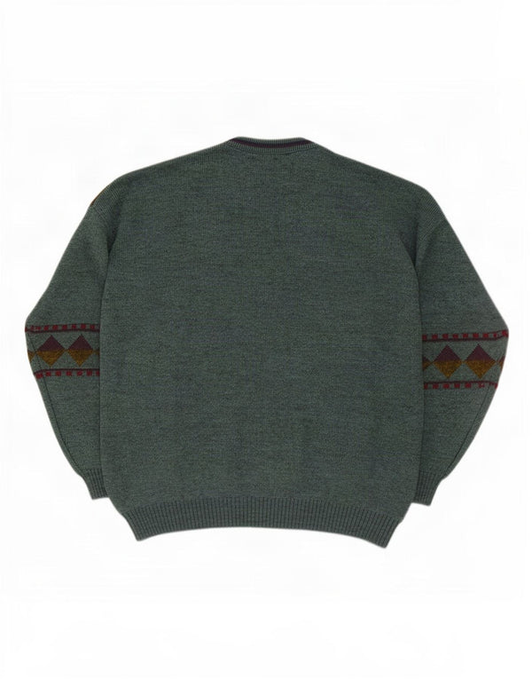 New Fast Mens By C&A Crew Neck Jumper Sweater XL Green Geometric Acrylic
