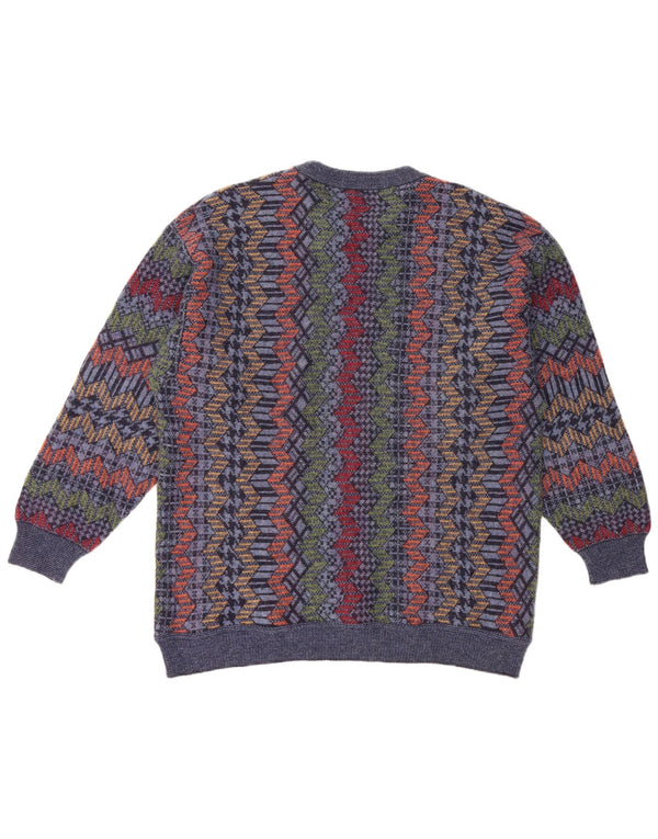 CASSAN Mens Boat Neck Jumper Sweater IT 52 Large Navy Blue Chevron Wool