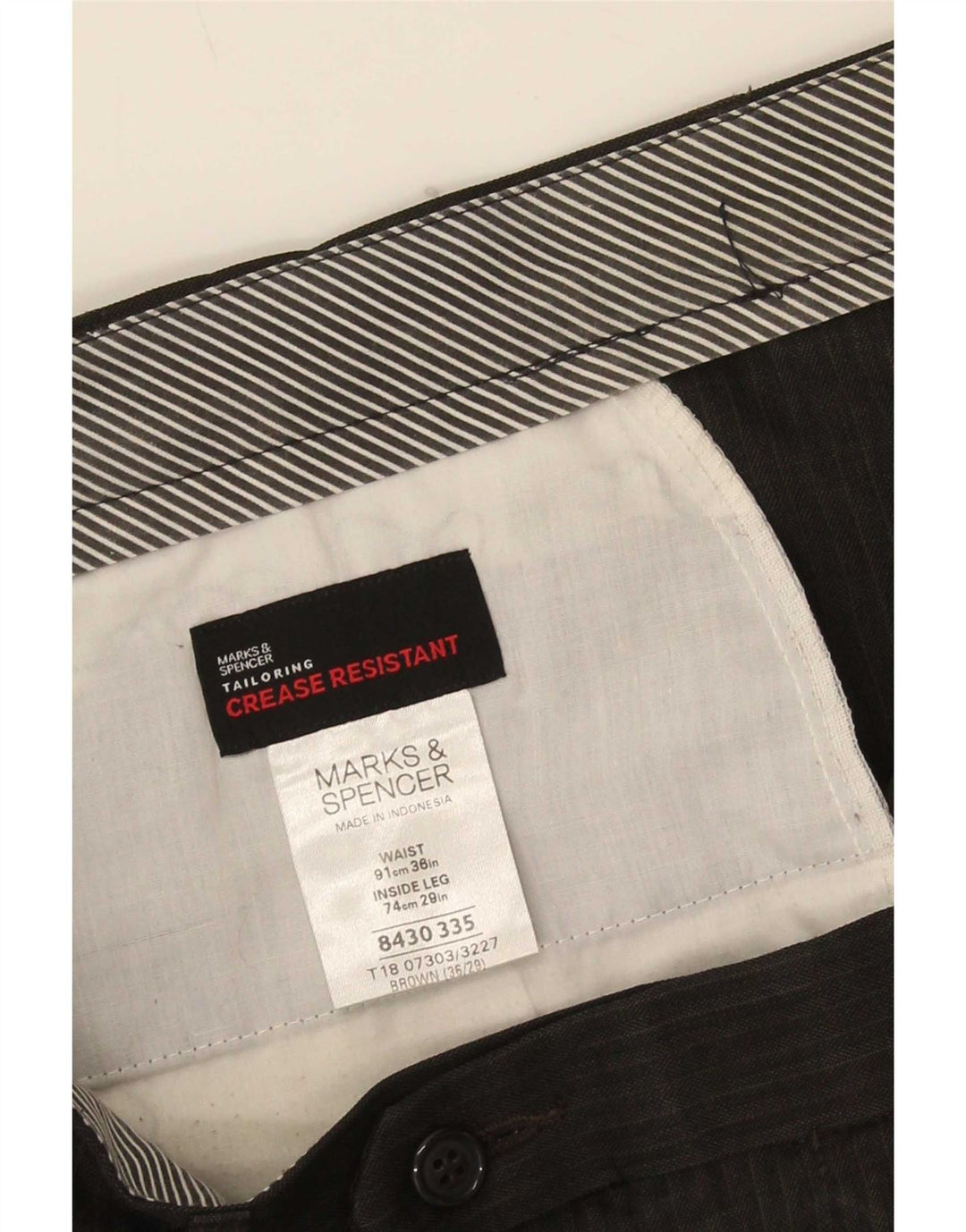 Marks & Spencer Mens Pegged Suit Trousers W36 L29 Brown Pinstripe Polyester