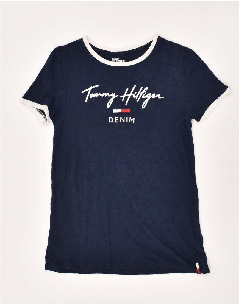 TOMMY HILFIGER Womens Graphic T-Shirt Top UK 6 XS Navy Blue Cotton | Vintage Tommy Hilfiger | Thrift | Second-Hand Tommy Hilfiger | Used Clothing | Messina Hembry 