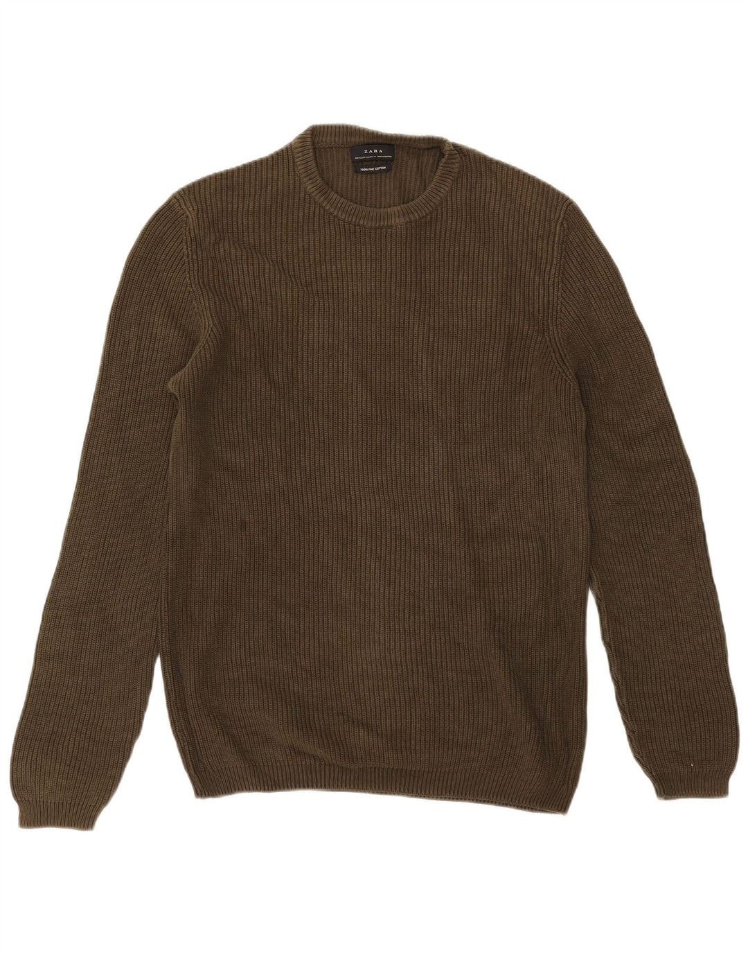Zara Mens Crew Neck Jumper Sweater XL Khaki Cotton